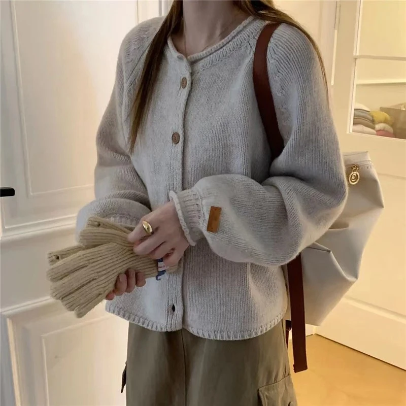 

Autumn Winter Loose Basics Knitted Cardigan Sweater Jacket Jumper Coat Round Collar Full Sleeve Knit Tops Outerwears Female 2024