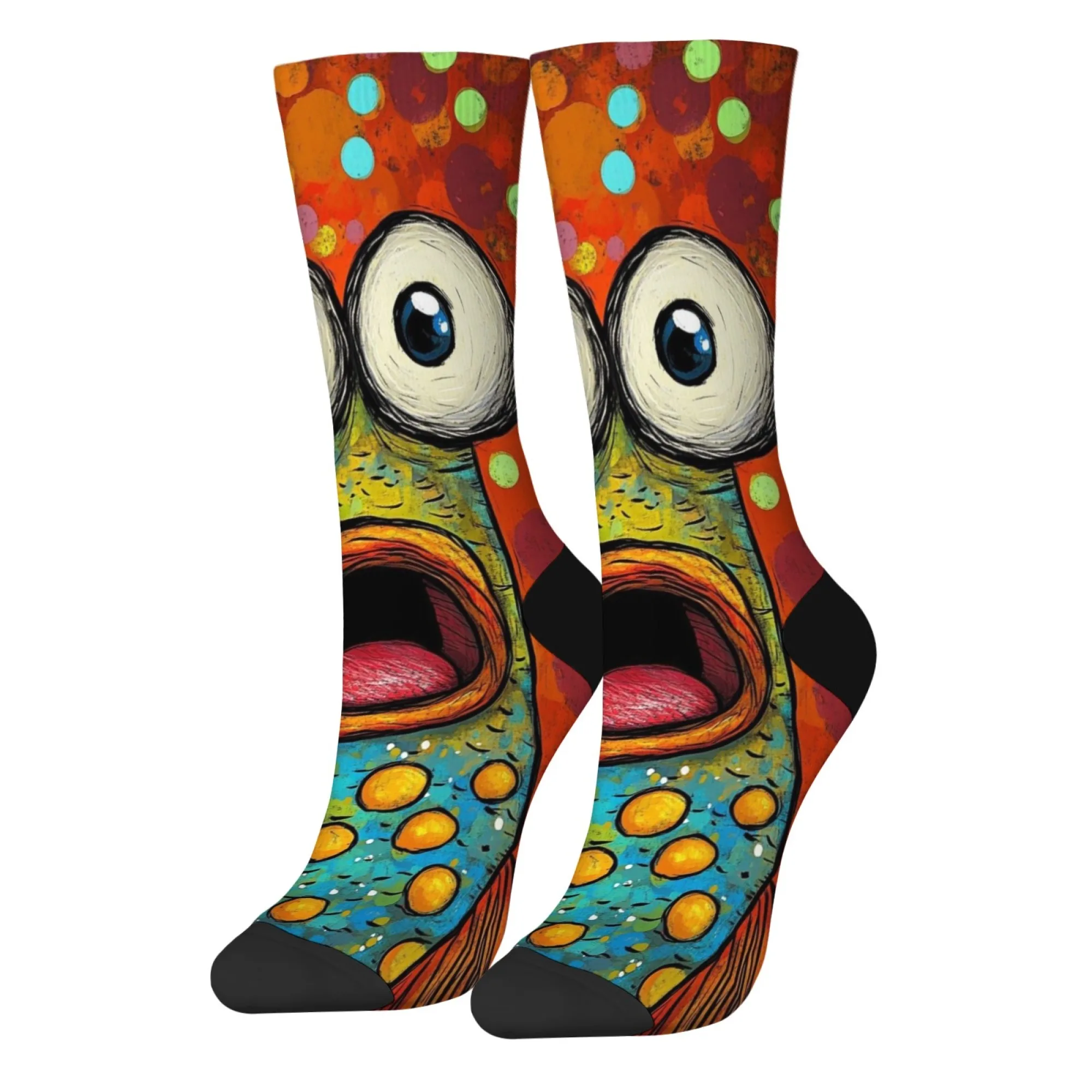 Funny abstract surprised fish cartoon socks retro style pop art fashion socks novelty Harajuku happy crew socks unisex gift