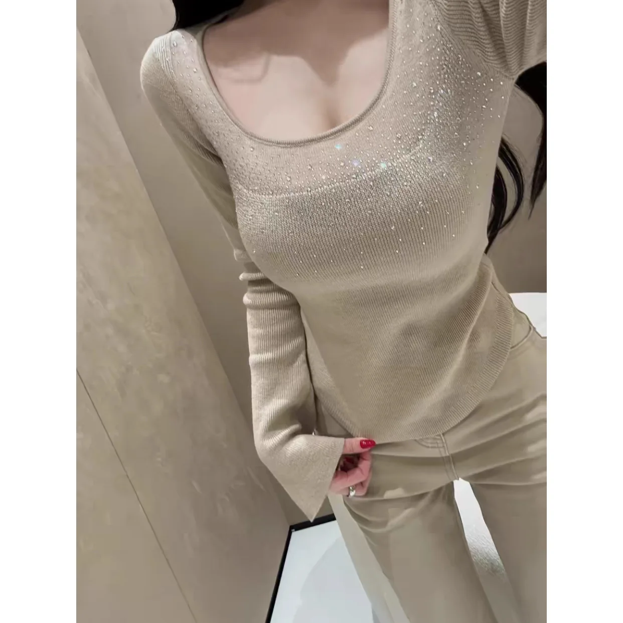 

Knitted sweater for women in spring and autumn 2026 slim fit base shirt top for women