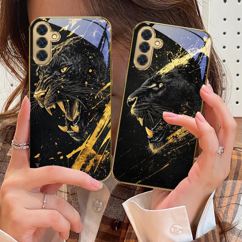 The calm black panther For Samsung Galaxy S20 FE S21 S22 S23 Plus S24 Ultra 25Ultra S21+ S9+ S22Plus Golden glass phone case