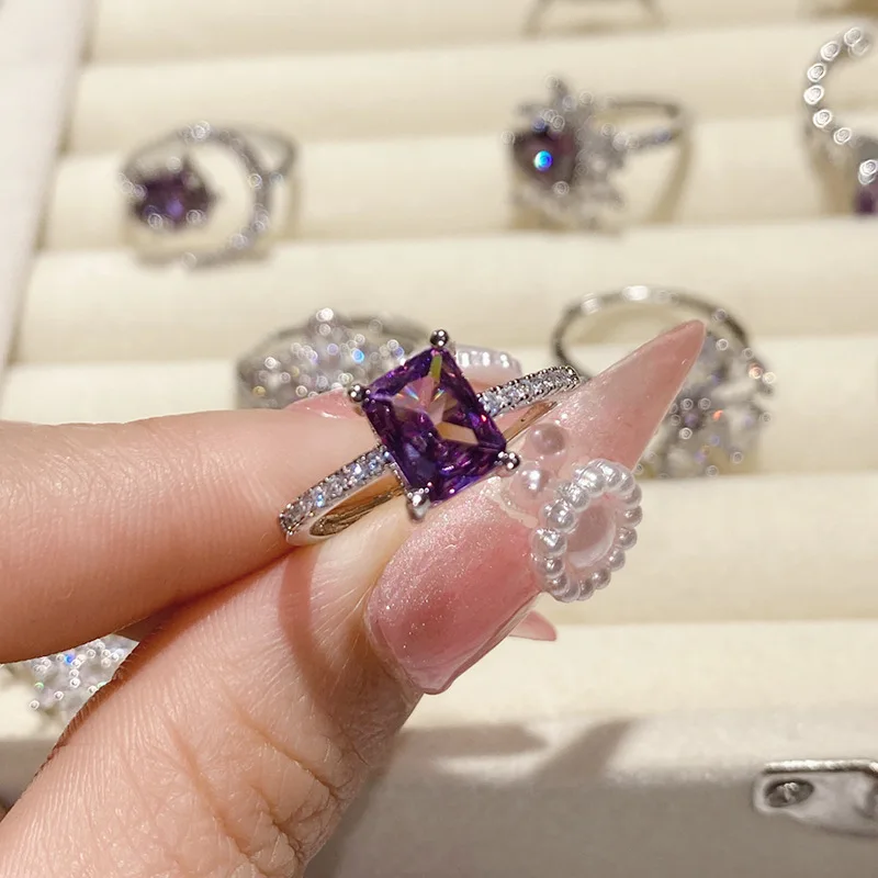 Created Amethyst Rings for Women Fine Jewelry Open Size Sparkling Grape Purple Diamand Series Silver Plated Party Accessories