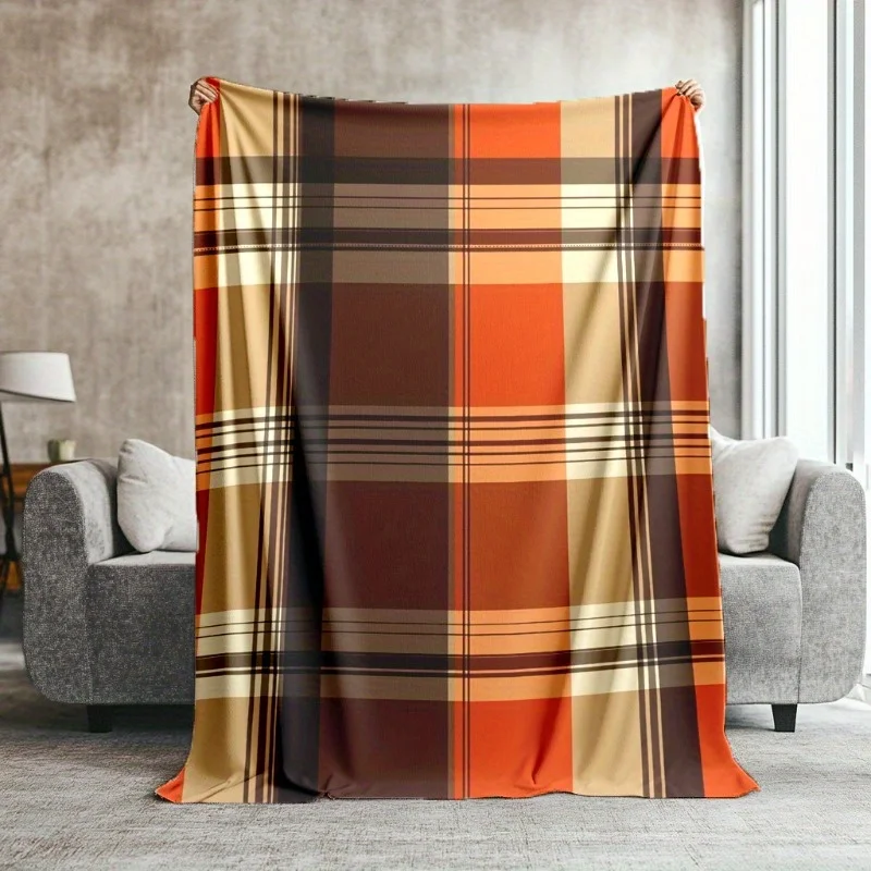 1pc Autumn Thanksgiving Orange Plaid Fleece Throw Blanket,  Perfect Gift for Fall Season & Rustic Home Enthusiasts