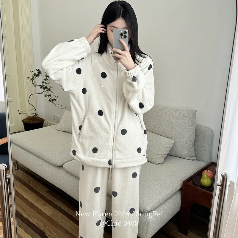 Soft Polka Dot Sleepwear Women's Coral Fleece Winter New Cardigan Warm And Thick Flannel Home Suit Set Zipper Top Female Nighty