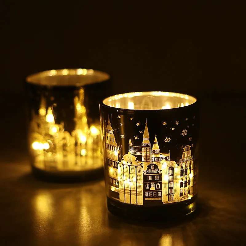 Ancient Castle Golden Christmas Candle Empty Cup Activation Carving Glass Candlestick Home Decoration n
