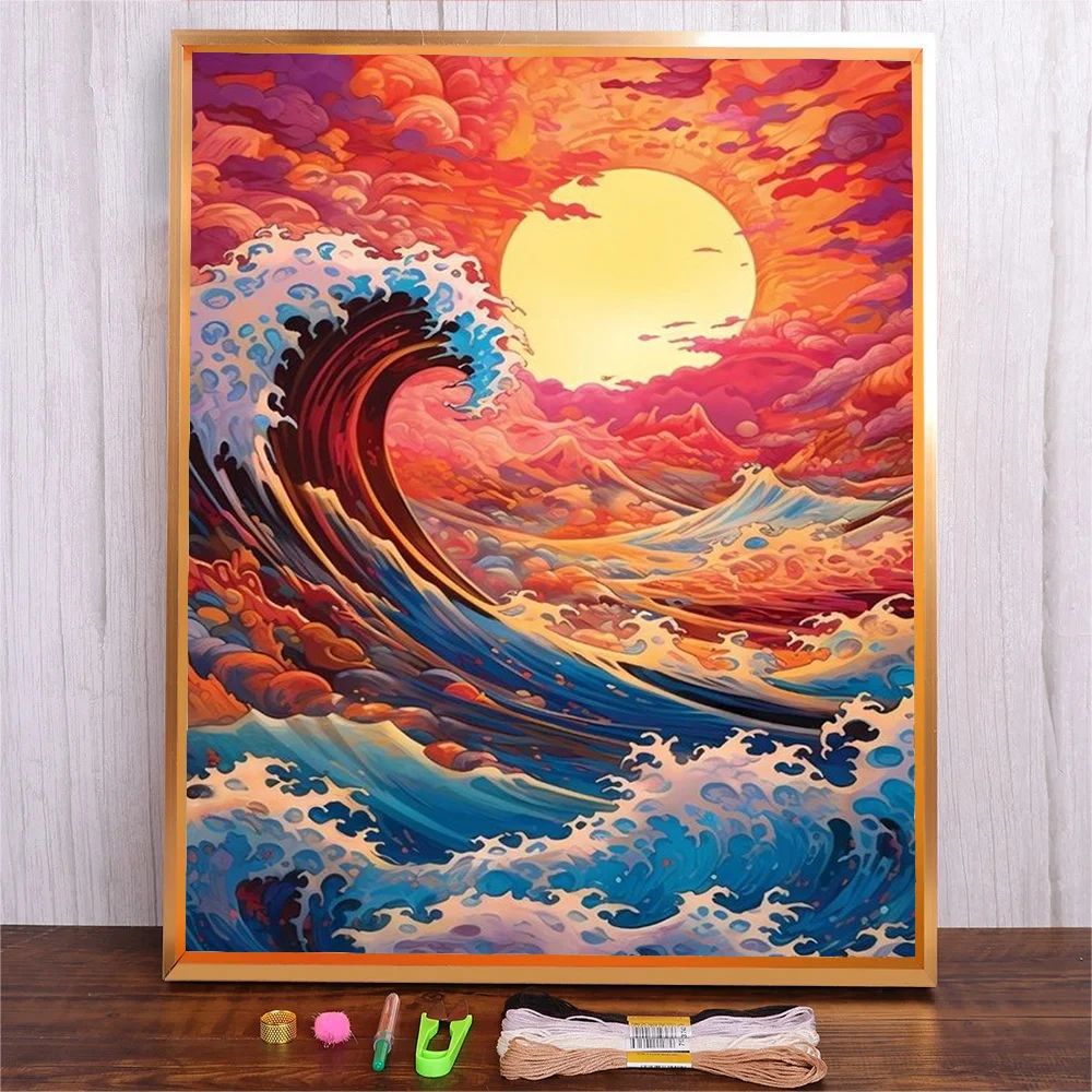 Landscape Embroidery Sea Wave Cross Stitch Kit Tinker Sunset Seascape Picture Printed Canvas Handmade Gift Home Decoration