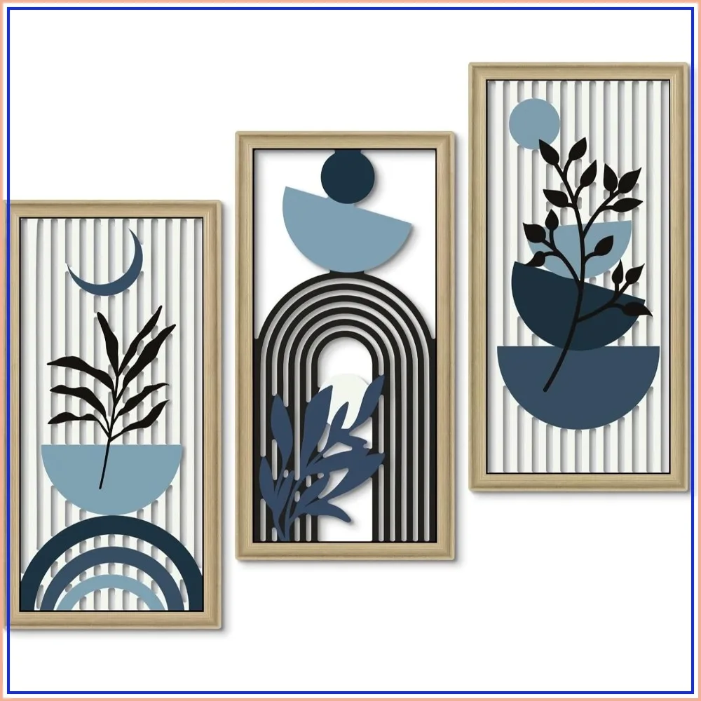 Set of 3 Boho Abstract Wall Art, Modern Botanical Wooden Decor, Blue Mid-Century Minimalist Framed Artwork for Living Room Bedroom Office