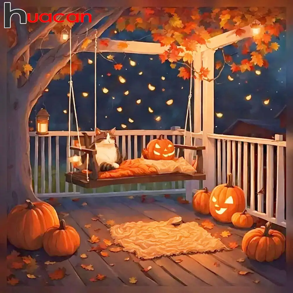 

Huacan 5D Full Diamond Painting Pumpkin And Cat DIY Mosaic Art Autumn Landscape Rhinestone Pictures Halloween Gift