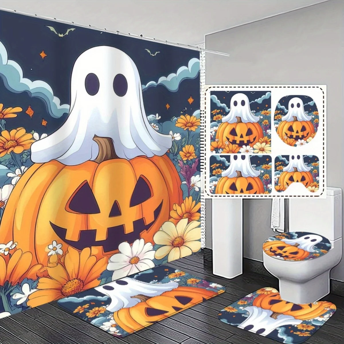 

4 шт., подарок на Хэллоуин, набор штор для ванной комнаты с нескользящим ковриком и ковриком, дизайн тыквы-призрака для домашнего декора, тканевый материал