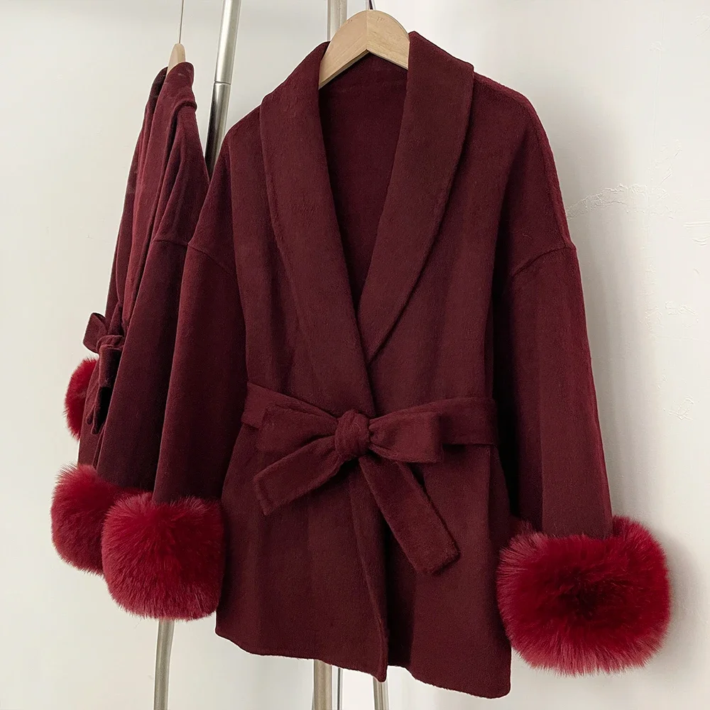 Fake Fox Fur Wool Coat Faux Fur Coat Fashion Women Overcoat Autumn Spring Wool Jacket Patchwork Faux Fur Women Woolen Coat