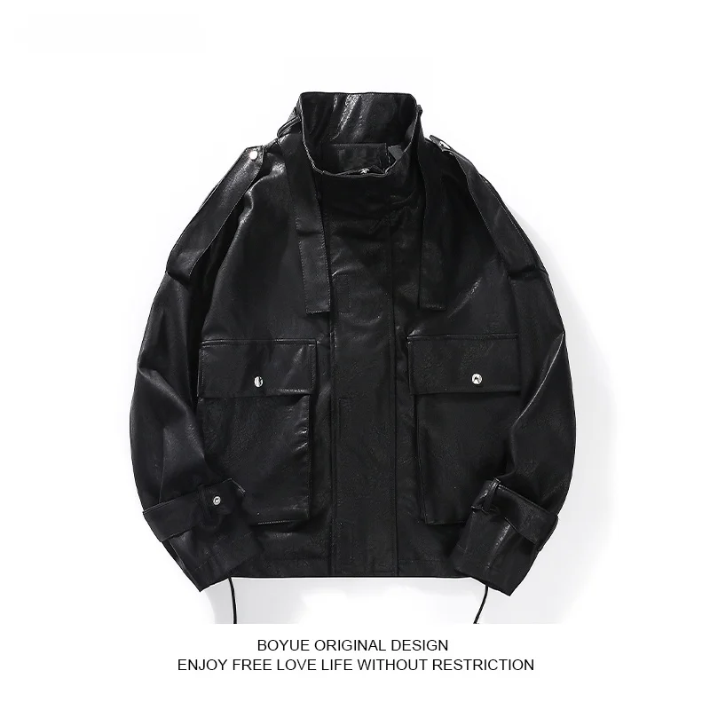 

Boyue Men's Motorcycle Leather Jaet Outdoor Faion Autumn Spring Retro Hong Kong Sle Riding Coat Youth ular Pure Color