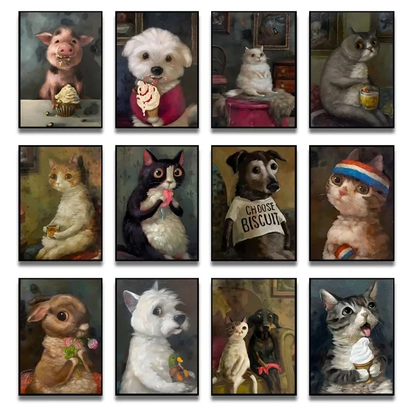 1pc frameless Canvas Painting (No frame)Funny Animals Personify Poster Print Cat Dog Rabbit Hamster Eat Something Canvas Wall Ar