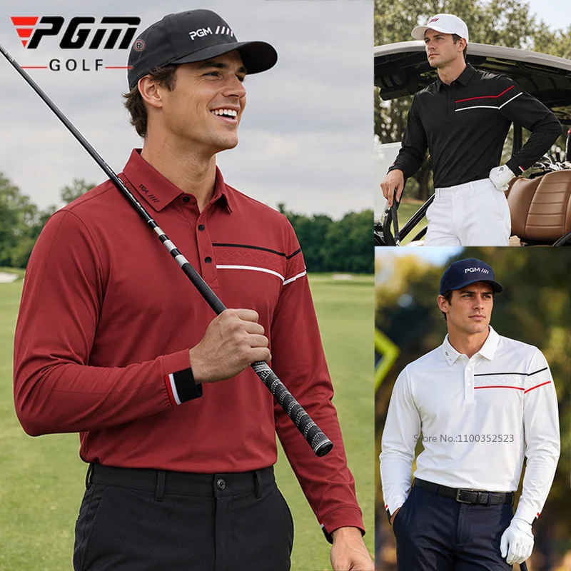 Pgm Men Long Sleeve Polo Shirt Male Spring Autumn Stretch Golf Top Color-Block Retro T-Shirts for Outdoor Sports Casual