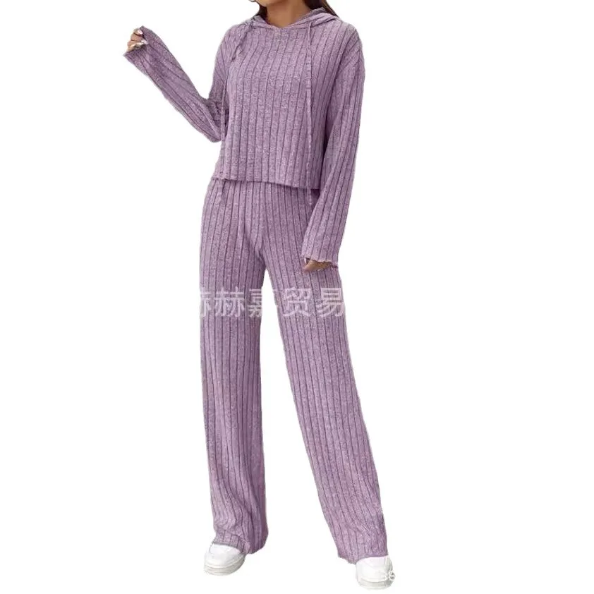 Mulheres conjuntos de duas peças calça conjunto em torno do pescoço manga cheia hoodies malha topos cintura elástica perna larga calças compridas solto casual