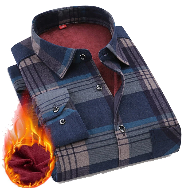 Flannel 95% Cotton Men Shirt Autumn Winter Male Long Sleeve Plaid Shirt Thick Fleece Lined Soft Casual Warm Dress Shirt L-5XL HK