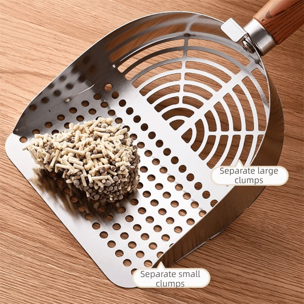 Stainless Steel Cat Litter Scoop Deep Shovel Sturdy Mesh Pet Waste Shovel Comfortable Grip Wood Handle Cat Poop Sifting Tool