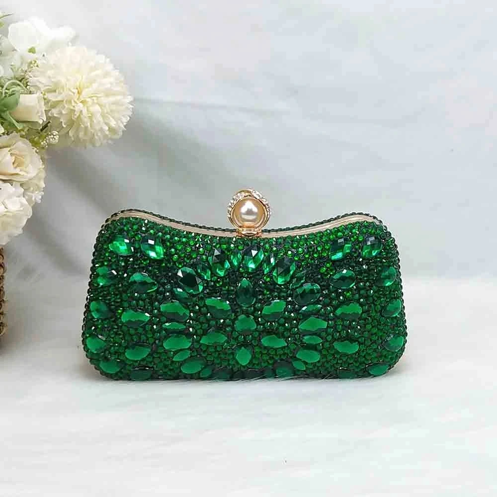 2024 New Green Pointed Toe Party Dress Shoes With HandBag Rhinestone Wedding Shoes and bag Women Crystal High Pumps Thin Heel