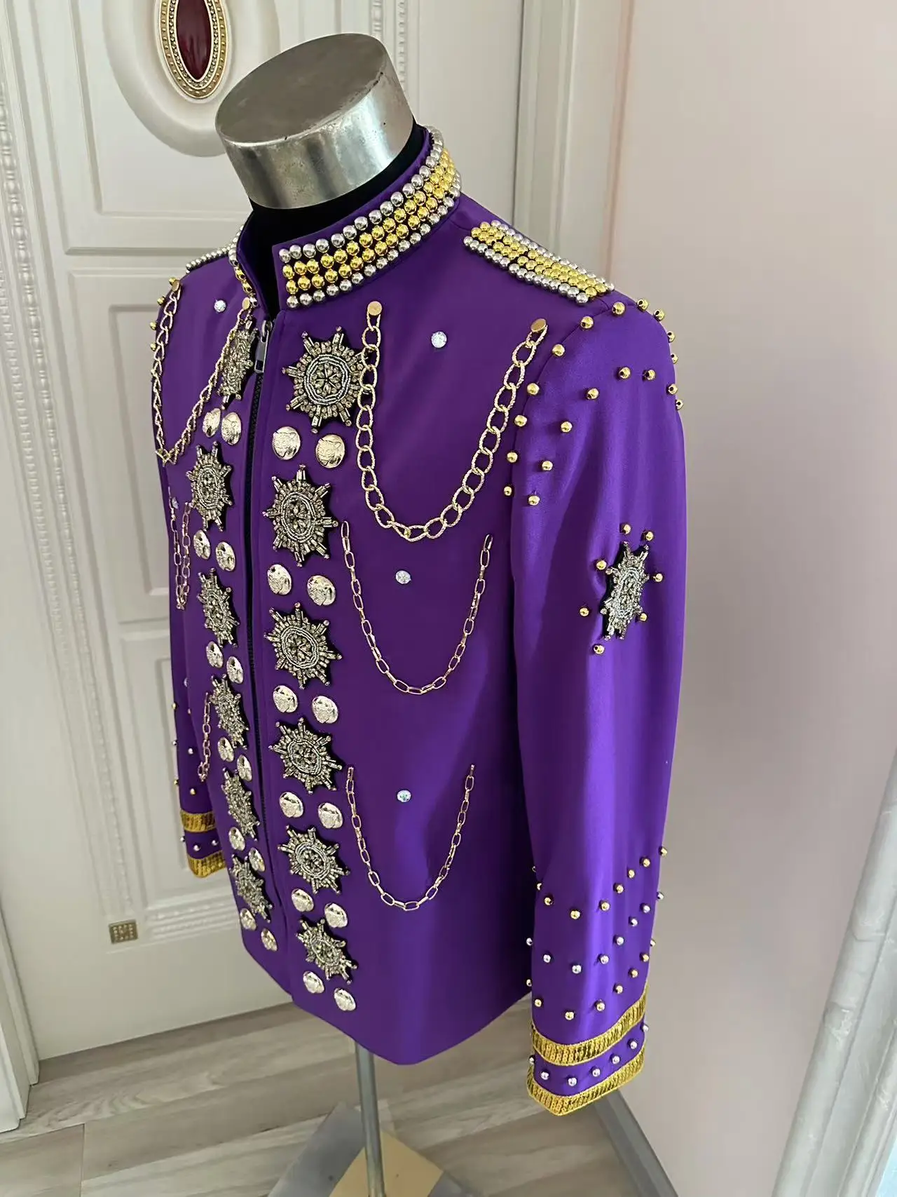 Handmade Men Purple Chain Metal Royal Jacket Party Show Performance Coat Nightclub bar Male Singer Dancer Stage Costumes