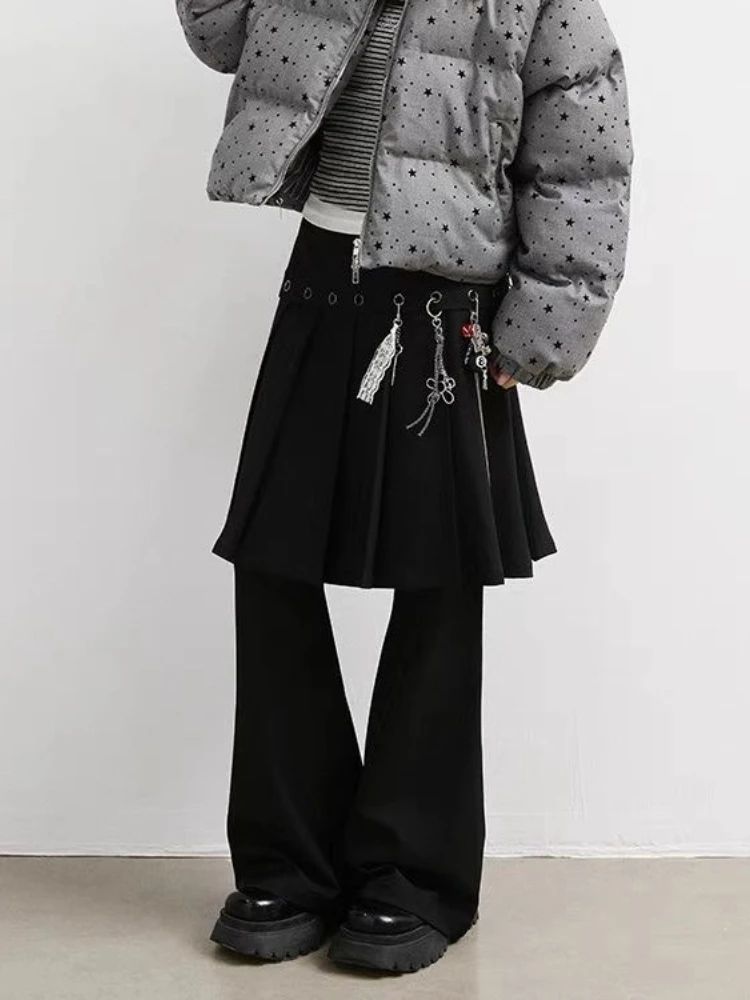 

HOUZHOU Y2k Black Sweet Women Fake Two Piece Skirt Pants Wide Leg Low Waist Korean Fashion Punk Dress Pants Baggy Casual Gyaru