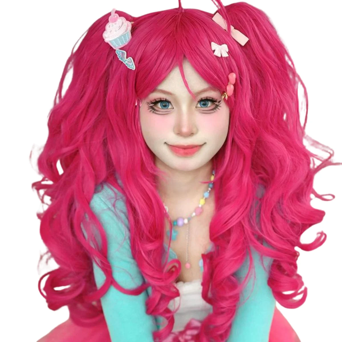 2024 Nowy produkt Lolita Różowy Długie kręcone faliste Clip On 2 kucyki Cosplay Peruka syntetyczna dla kobiet Cosplay