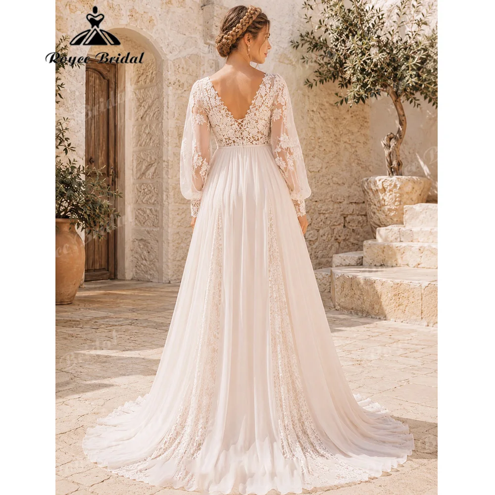 Long Puff Sleeve V Neck Maternity Wedding Dress Empire Waist Chiffon A Line Boho Open Back Pregnant Vestido De Novia Customized