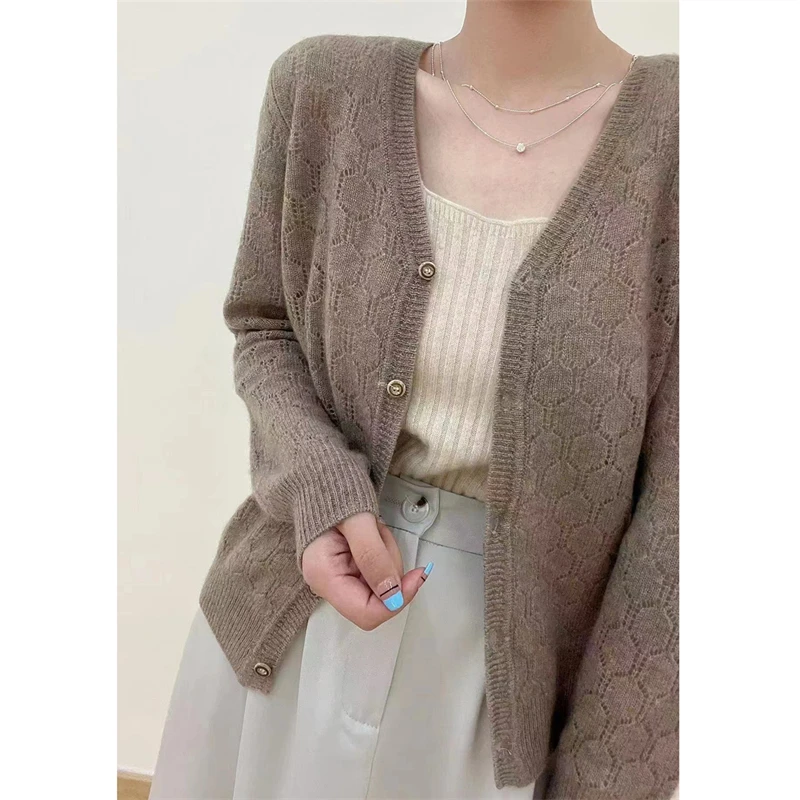 Fashionable western style hollow v-neck cashmere cardigan women\'s sweater spring and autumn versatile sweater loose wool coat