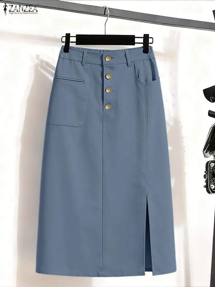 ZANZEA Women Fashion Long Skirts Sexy Split Streetwear Bottoms 2025 Autumn Pockets Solid Casual Loose Jupes Faldas Saia Femme