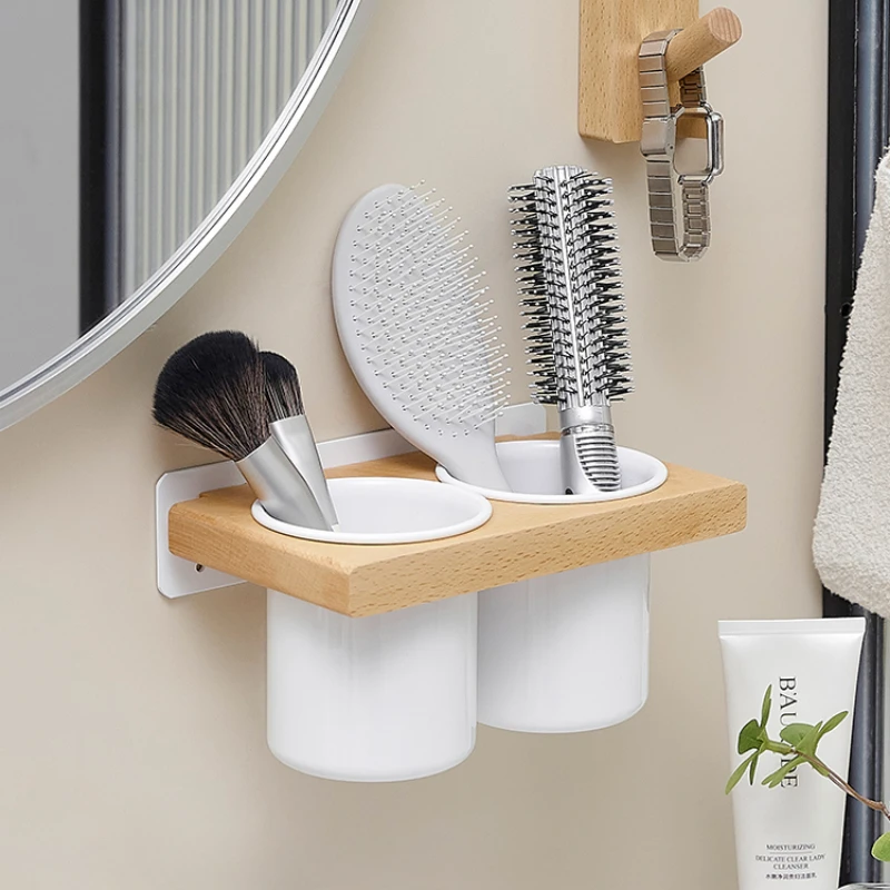 Bathroom Wall Mount Hair Dryer Holder Hair Care & Styling Tool Organizer Farmhouse Wooden Beauty Hair Appliance Holder