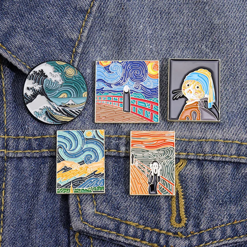 Oil Painting Enamel Pins The Scream Starry Sky Sunflowers Art Brooches Lapel Badge Jewelry