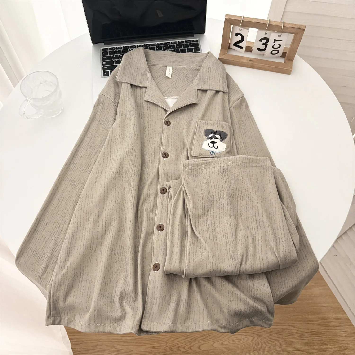 

Warm Long Sleeve Dog Cartoon Sleepwear Set Men's Autumn Winter Casual Loose Fit Cardigan Home Clothes Thermal Velvet