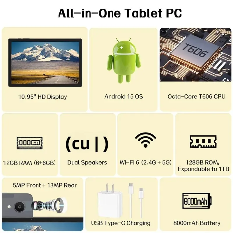 Модернизированный планшет Android 15 2025 года, 10,95 дюйма, 12 ГБ + 128 ГБ + 512 ГБ, большой аккумулятор 8000 мАч, двойной Wi-Fi 6, двойная камера, восьмиядерный процессор T606