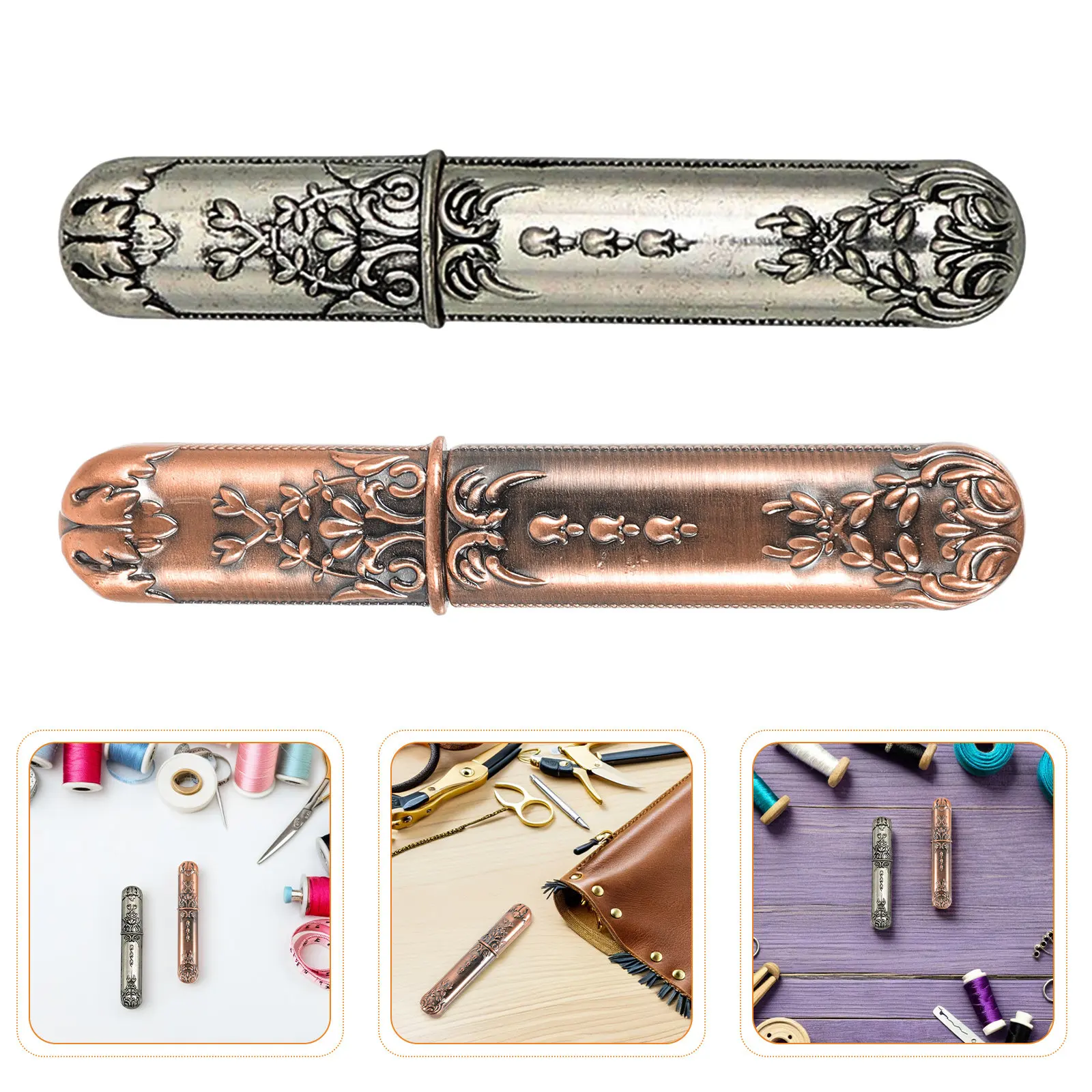 

2Pcs Vintage Sewing Needles Storage Box Embossed Metal Organizer Portable Needle Holder Case for Embroidery Knitting Craft Tools