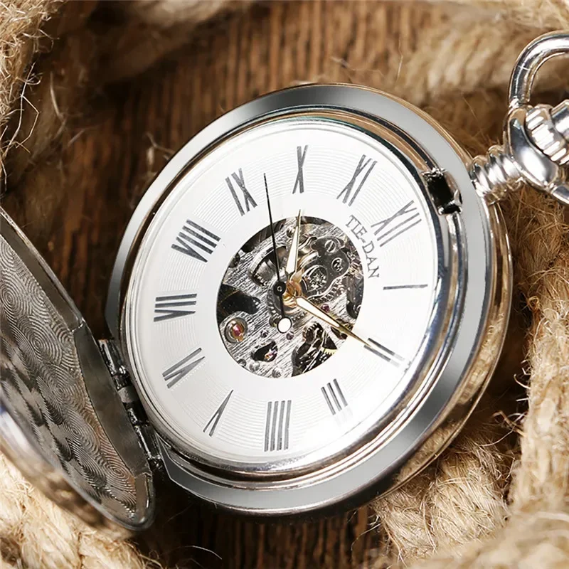 Steampunk Railway Steam Train Pattern Men Women Hand Wind Mechanical Pocket Watch FOB Chain Double Hunter Pendant Chain Clock
