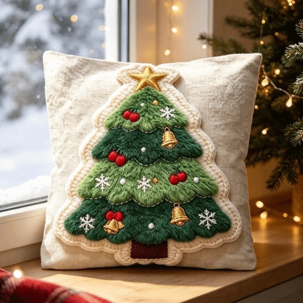 1pc Plush Christmas Pillow Cover Polyester Not Real Embroidery Cushion Cover Zipper Closure Single-sided Printed