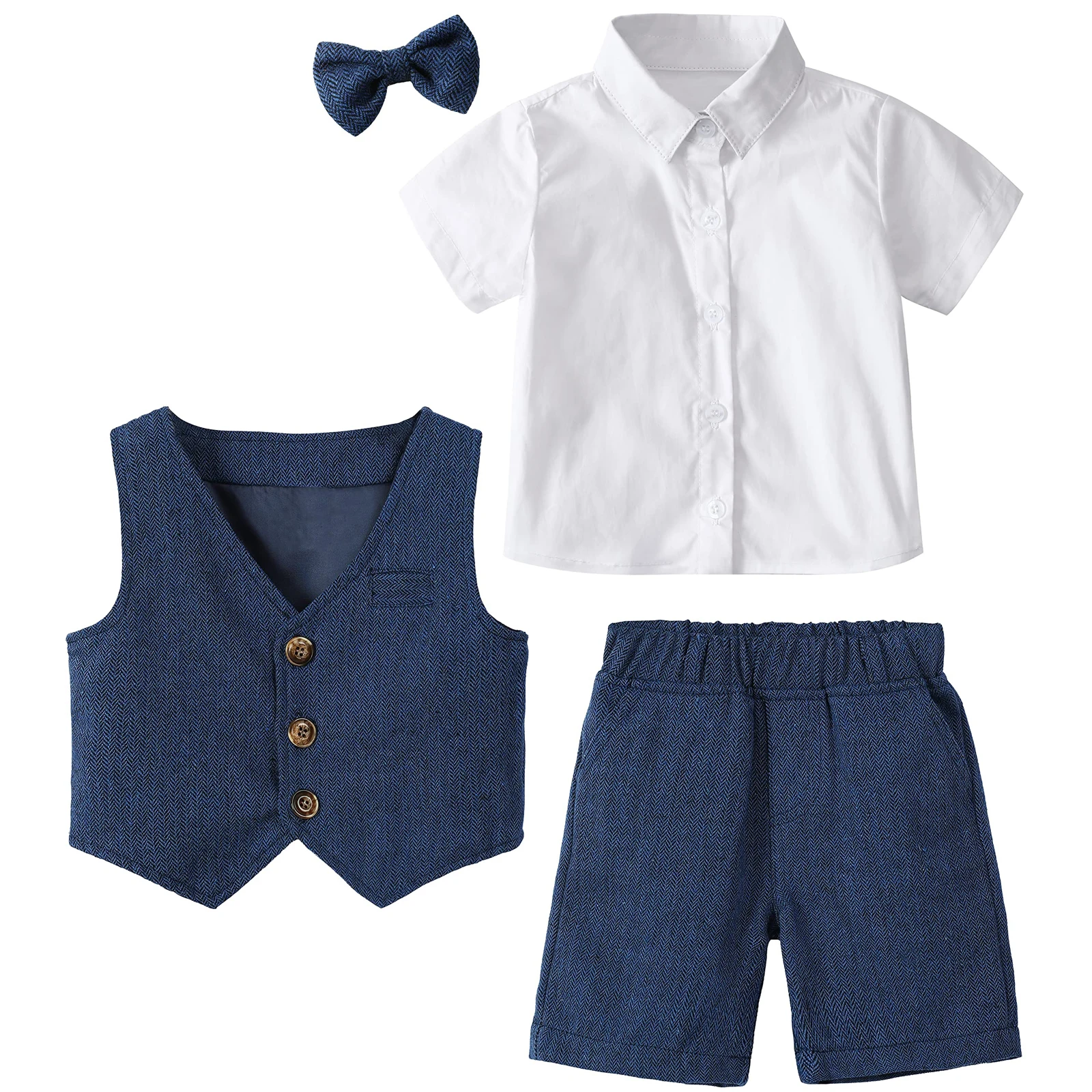 3PCS Baby Kids Boys Clothing Sets Child Wedding Formal Suit Outfit Toddler Summer White Shirt with Bow Tie+Vest+Shorts Costumes