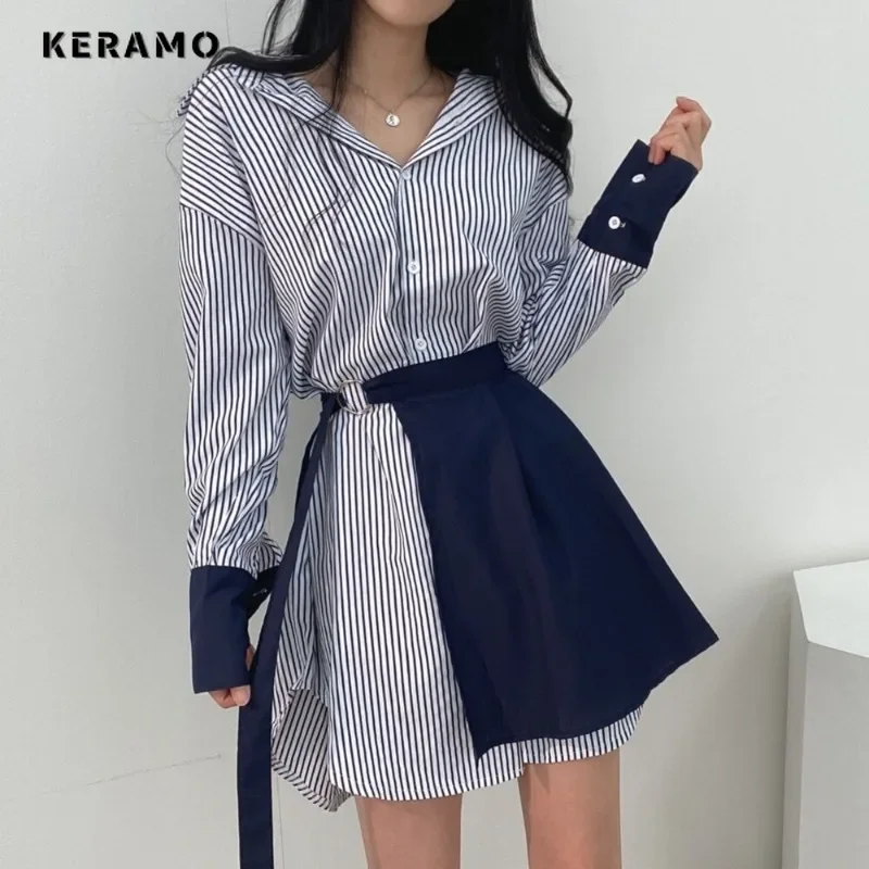 2025 Spring Lady Sexy Long Sleeve Turn-Down Collar Mini Shirt Dresses Women's Elegant Striped Patchwork Hotsweet Blouse Dress