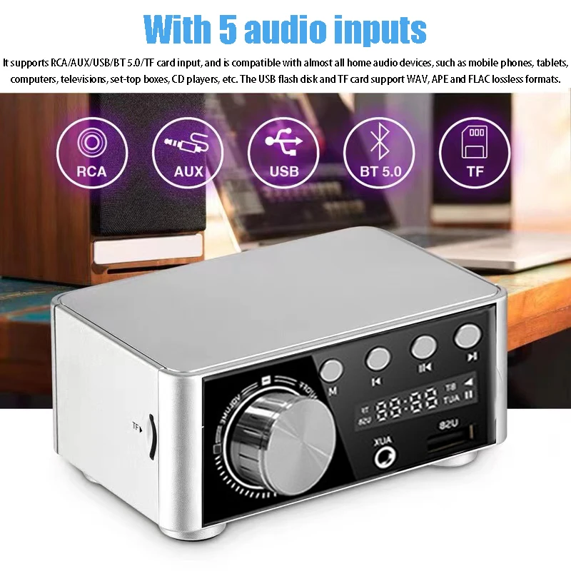 Mini Audio HiFi Bluetooth 5.0 Power Class D Amplifier 2.0 Channel Tpa3116 Digital Amp 50W*2 Home Car Marine Audio USB/AUX IN