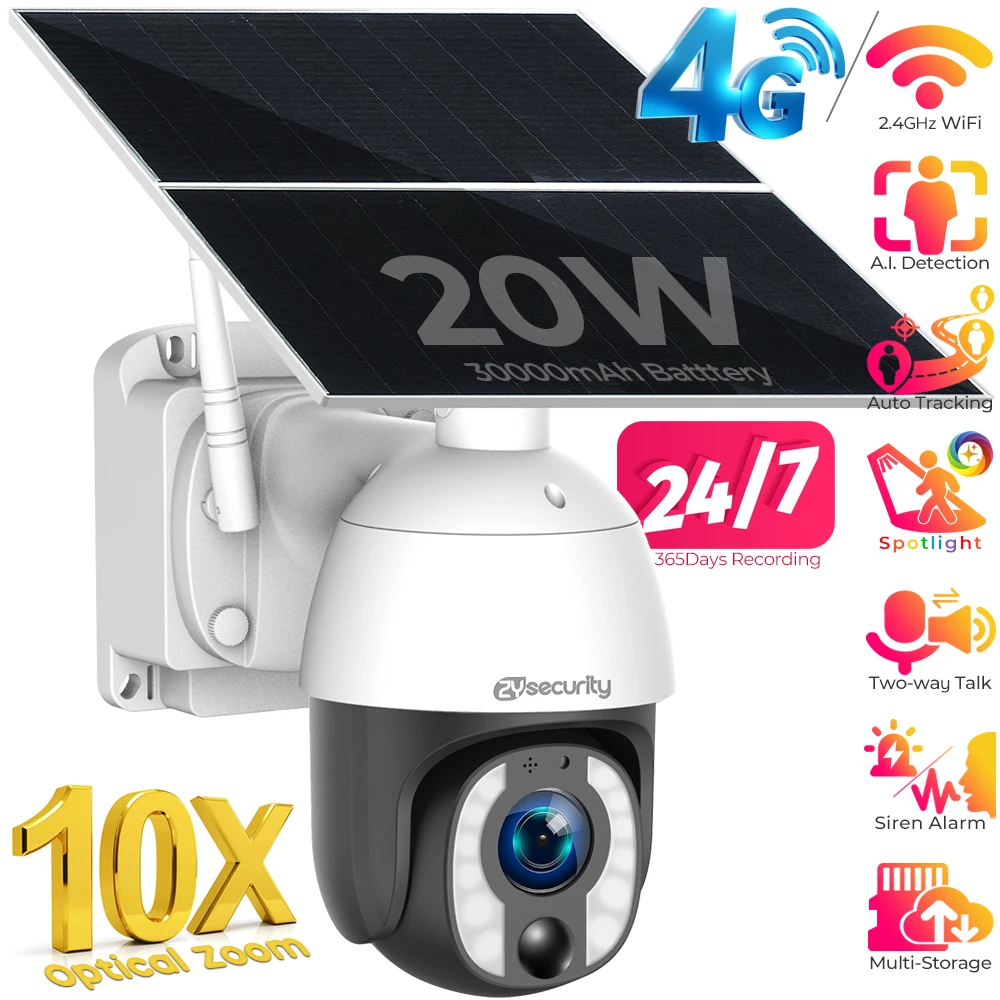 10X Optical Zoom 24-7 Recording Solar Camera 5MP WiFi /4G LTE Sim Card PTZ IP Camera 20W Solar Panel Full Metal Security Cameras