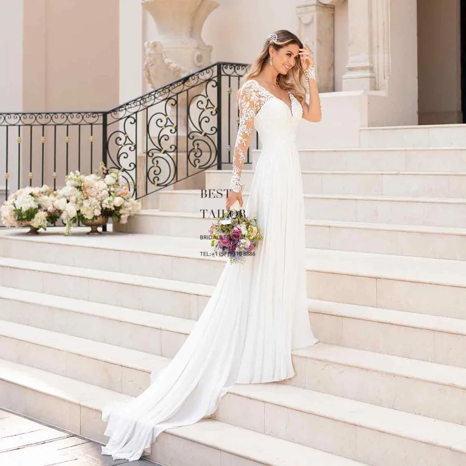 Romantic Long Sleeve V-Neck Wedding Dress with Lace Appliques and Flowing Chiffon Skirt Elegant Bridal Gown with Court Train