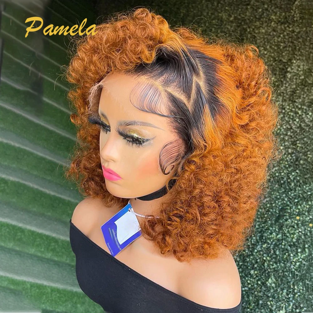 13x4 Ombre Ingwer Orange Kurze Bob Menschliches Haar Perücken Brasilianische 1b/orange Farbige Lockige 180% Dichte Spitze frontal Perücken Für Frauen