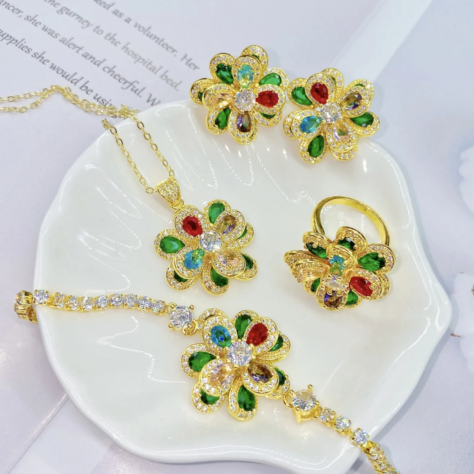 DIY accessories Heavy Industry Design Color Tourmaline Flower Set, Three-dimensional Camellia Pendant Ring, Color Treasure Brace