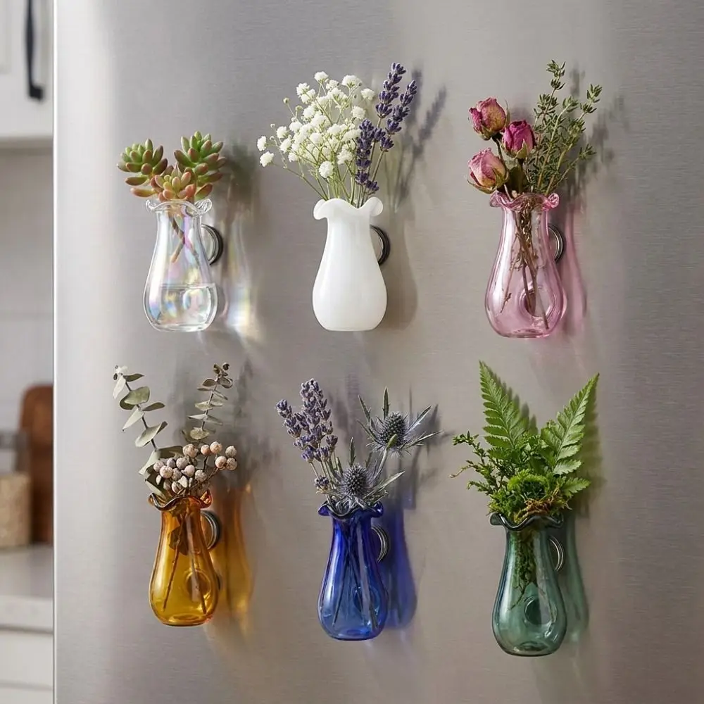 6Pcs Plant Pots DIY 3D Mini Vase Magnets Exquisite Modern Hydroponic Plant Vase Artistic Funny Refrigerator Magnet Kitchen Decor