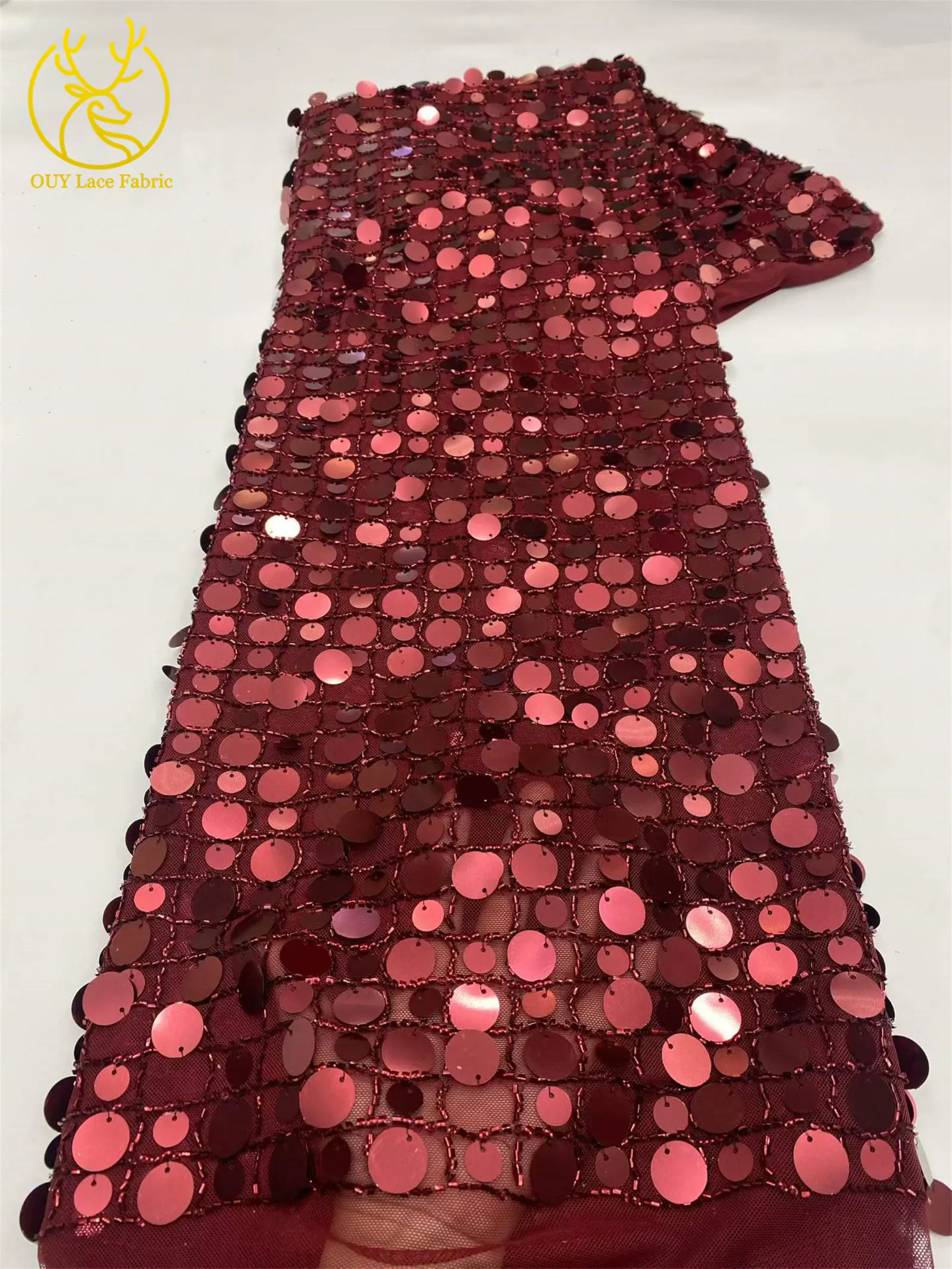 5 Yards Afrikanischer Pailletten-Spitzenstoff Weinrot Französischer Perlen-Tüll-Spitzenstoff Nigerianischer Netzspitzenstoff für Abendkleider – Detail 8