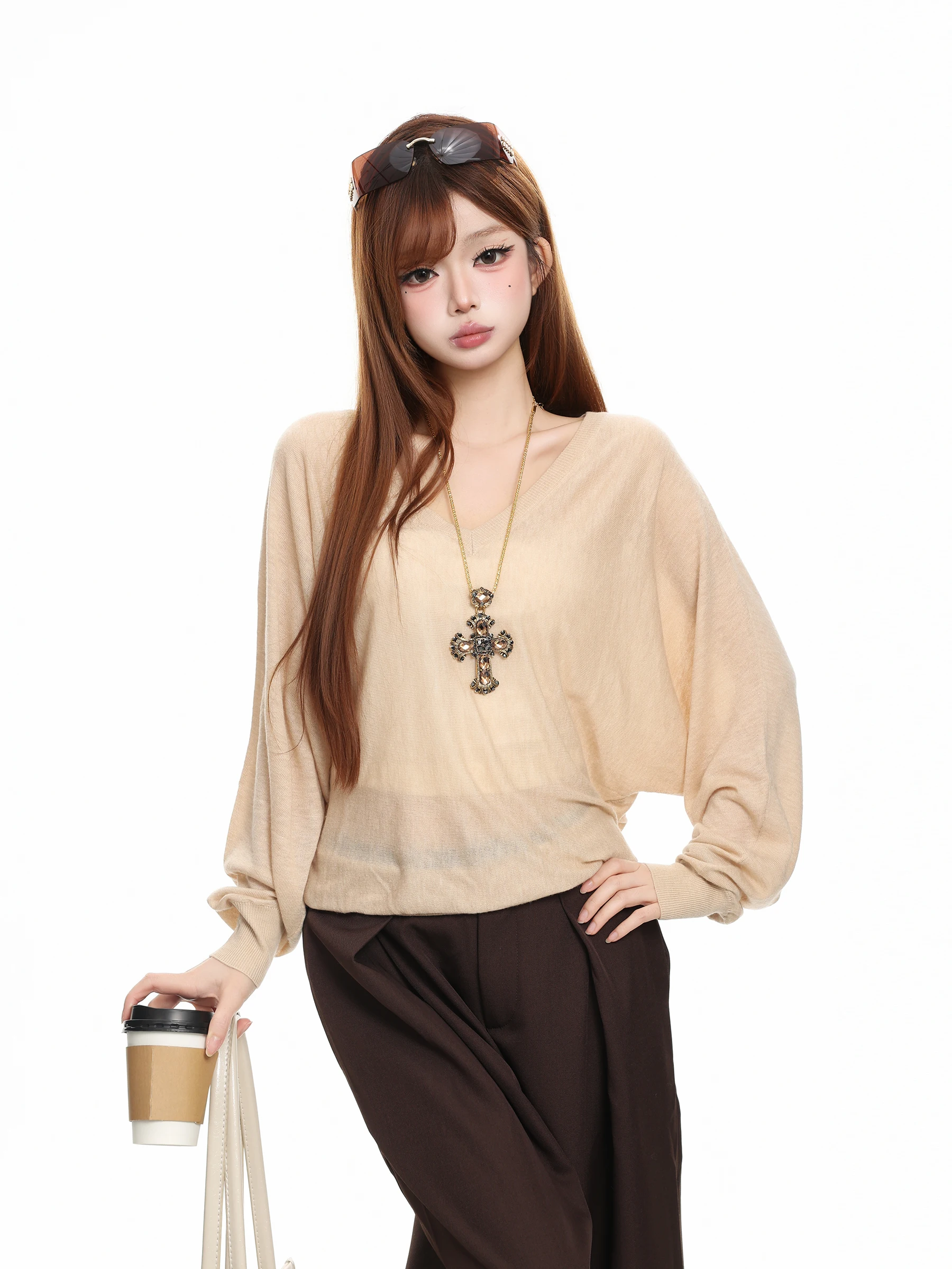BASTERDS Women's Loose Fit Long Sleeve Knitted V-Neck Top Breathable Transparent Casual Style Autumn Fashion Slimming Cover up
