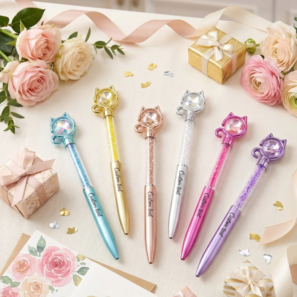 Personalized Diamond Topper Pen, Custom Engraved Crystal Ballpoint Pen, Glitter Filled Transparent Barrel,