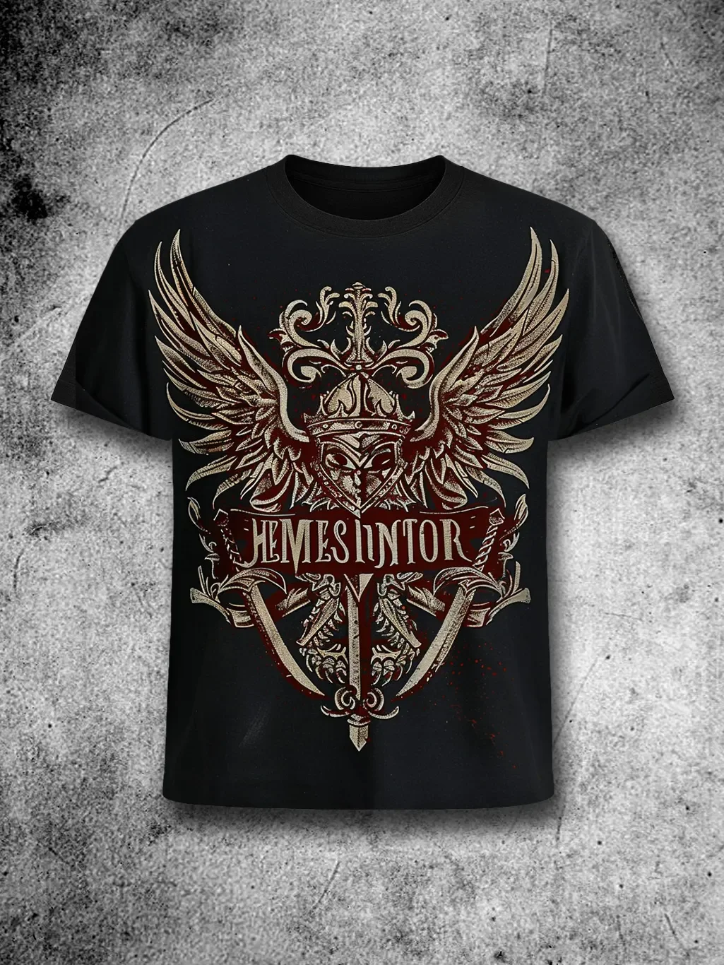 Round Neck Short Sleeved T-shirt Printed Medieval Knight Helmet with Wings and Sword Retro Badge Design Warrior Style T-shirt