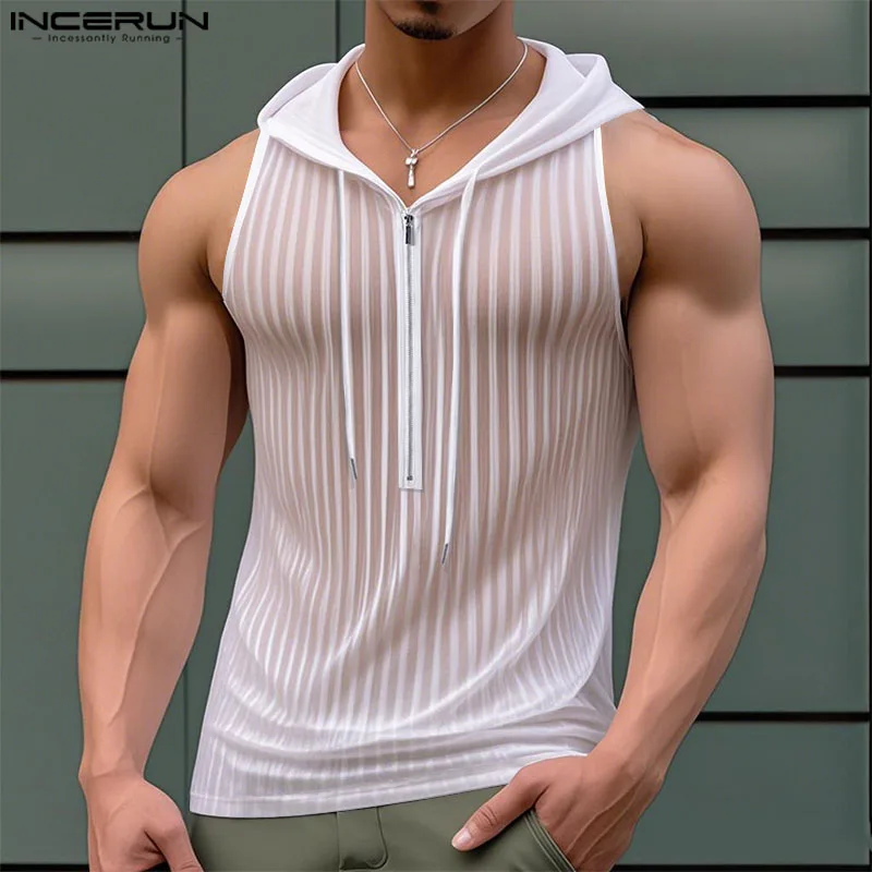 

Men Tank Tops Striped Mesh See Through Hooded Male Vests Sleeveless Zipper Sexy Streetwear 2025 Summer Men Clothing 3XL INCERUN