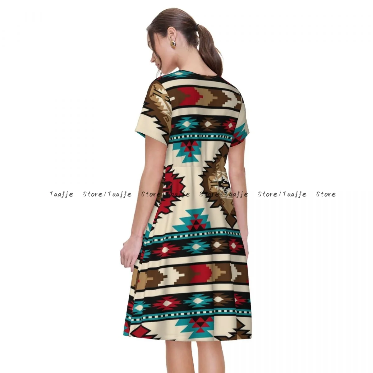 Letnia sukienka damska z indyjskim wzorem, styl indiański, codzienna, plażowa, na wakacje, z krótkim rękawem, okrągły dekolt, damska sukienka midi.