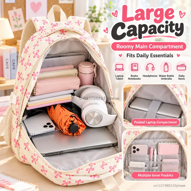 3-piece cute bow print girls' school backpack set with large capacity waterproof nylon backpack, suitable for teenage students