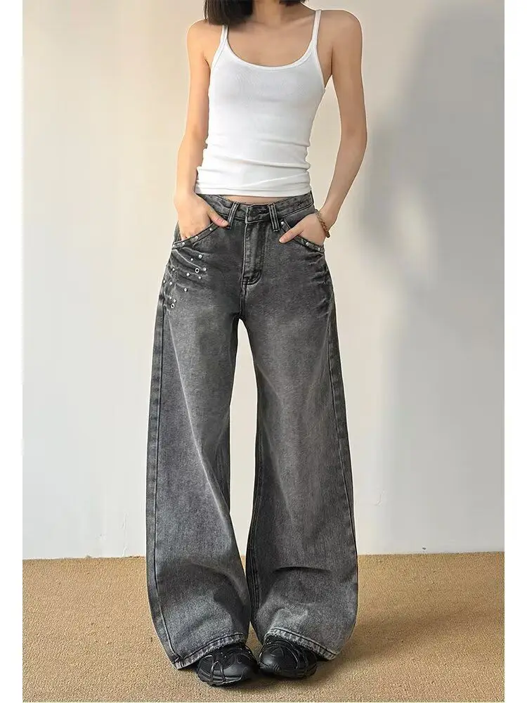 جينز أسود قوطي عتيق للنساء بخصر عالٍ 90s ياباني هاراجوكو فضفاض واسع الساق بنطلون ملابس الشارع الشهير سراويل مضيئة صغيرة