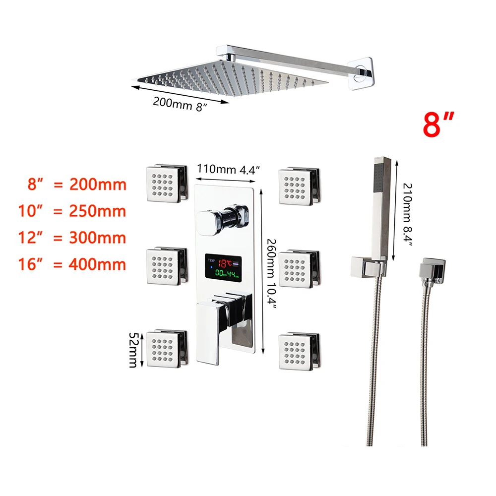 MONITE 8~16 Inch LED Bathroom Shower Faucet Set  Digital Display Shower Systerm Square Chrome Shower Head W/ Back Showerhead